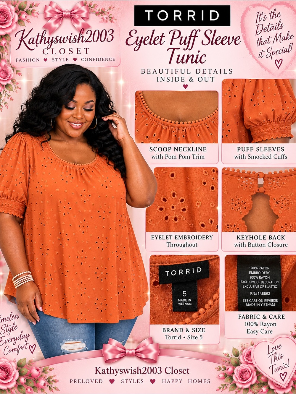 torrid Burnt Orange Eyelet Puff Sleeve Tunic - Picture 3 of 15